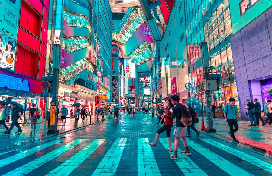 Neon-lit Tokyo street at night